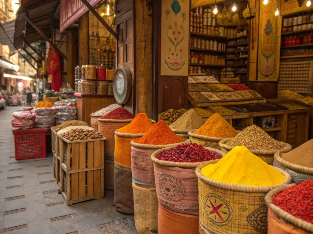 Colorful Indian spice market with traditional spices